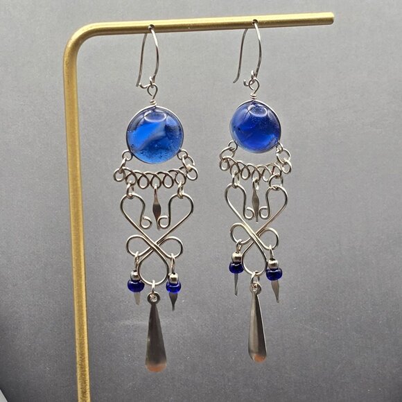 Unbranded Jewelry - VTG Blue Glass Chandelier Dangle Earrings 3" Silver Tone Wirework Boho Drop